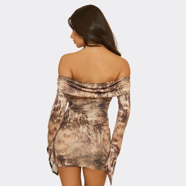 EGO Bardot Fold Over Flared Sleeve Mini Dress In Multi Animal Print, Women's Size UK 6 - 2