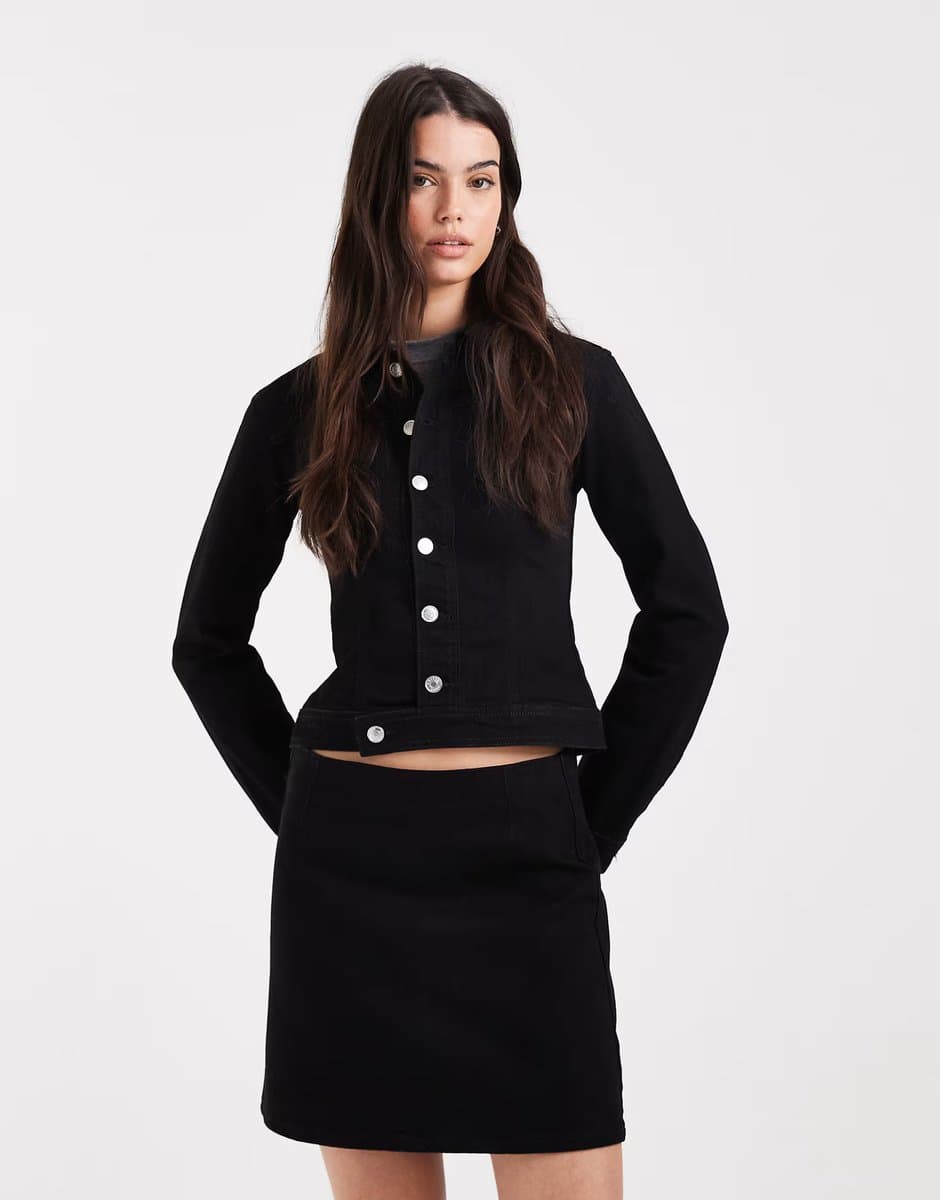 ASOS ASOS DESIGN denim jacket with pocket detail and mini skirt co-ord in clean black