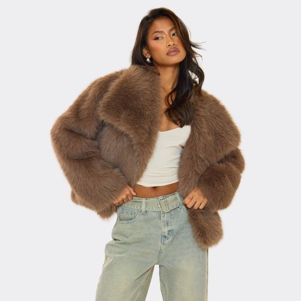 EGO Oversized Collar Detail Cropped Fur Jacket In Taupe, Women's Size UK 12 - 1