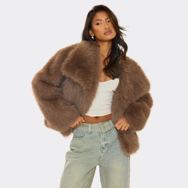 EGO Oversized Collar Detail Cropped Fur Jacket In Taupe, Women's Size UK 12