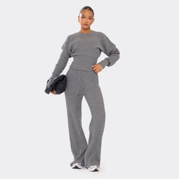 EGO Tie Waist Wide Leg Trousers In Grey Rib Knit, Women's Size UK Medium M - 1