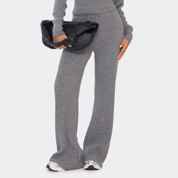 EGO Tie Waist Wide Leg Trousers In Grey Rib Knit, Women's Size UK Medium M - 2