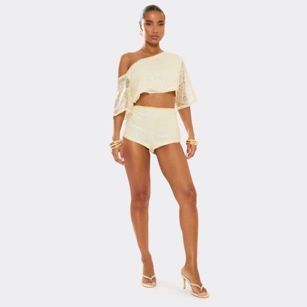 EGO High Waisted Hot Pants In Lemon Sequin, Women's Size UK 6