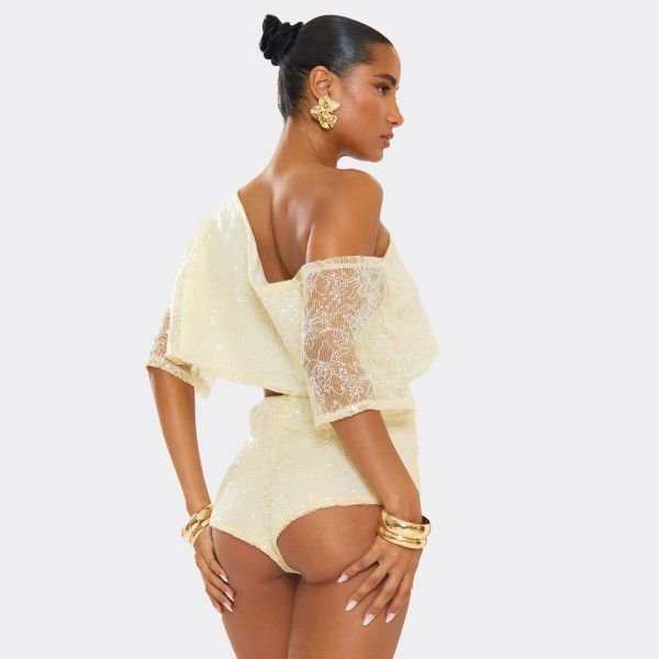 EGO High Waisted Hot Pants In Lemon Sequin, Women's Size UK 6 - 2