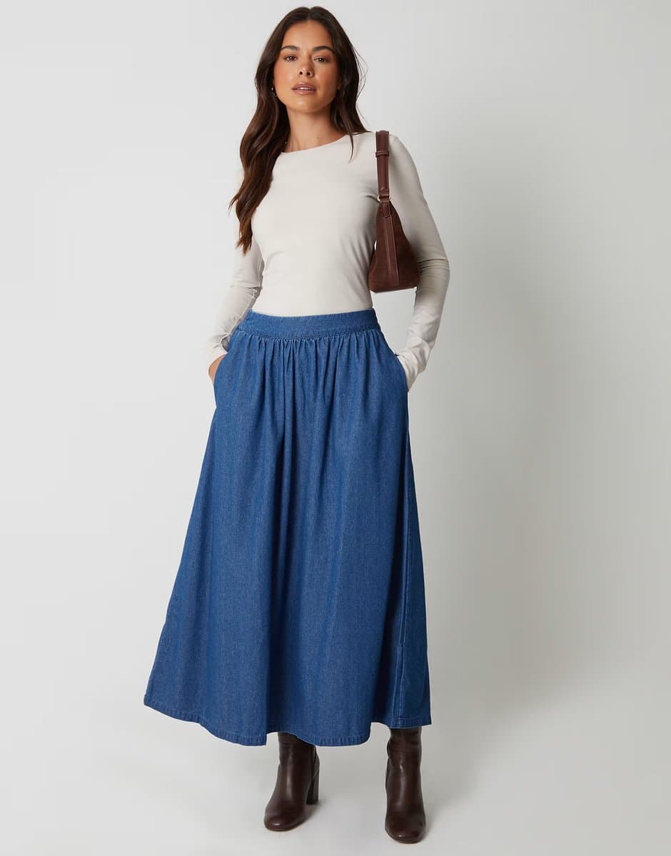 ASOS Threadbare Pull on denim midaxi skirt in mid blue