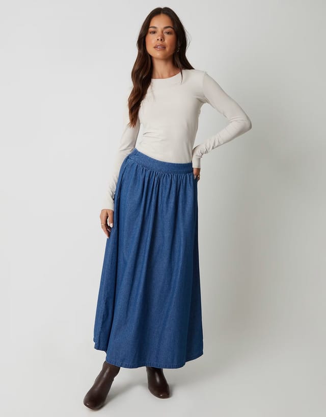 ASOS Threadbare Pull on denim midaxi skirt in mid blue - 3