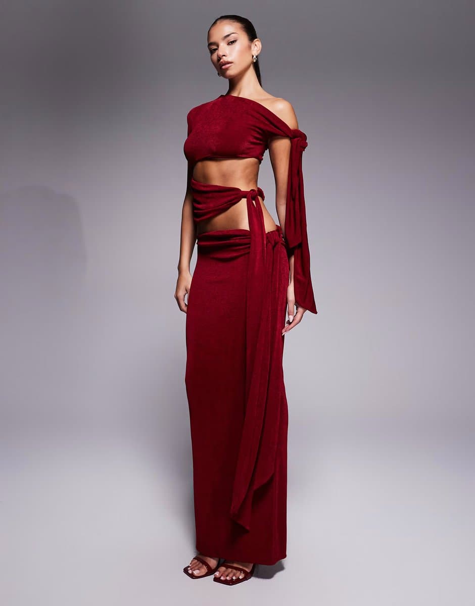 ASOS Wanderdoll Noa premium slinky drape side maxi skirt co-ord in wine