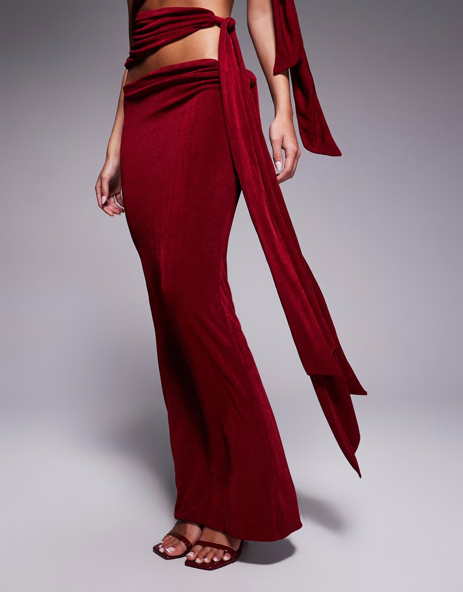 ASOS Wanderdoll Noa premium slinky drape side maxi skirt co-ord in wine - 2