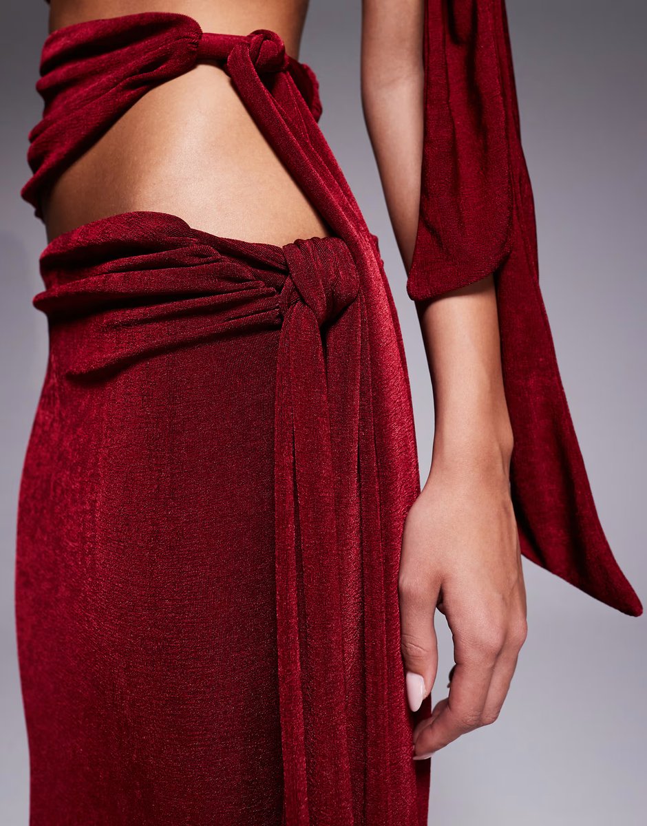 ASOS Wanderdoll Noa premium slinky drape side maxi skirt co-ord in wine - 3