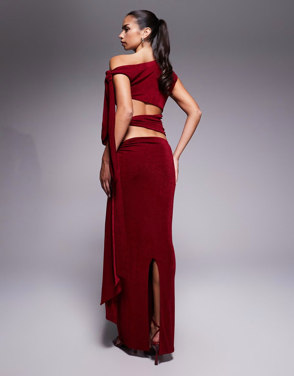 ASOS Wanderdoll Noa premium slinky drape side maxi skirt co-ord in wine - 4