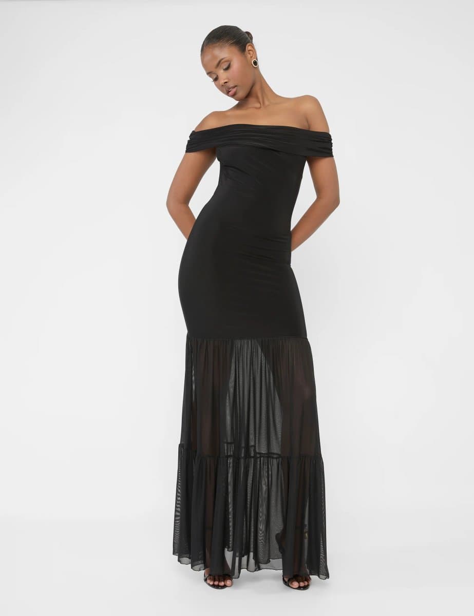 Public Desire Slinky Bardot Fold Over Mesh Hem Maxi Dress Black