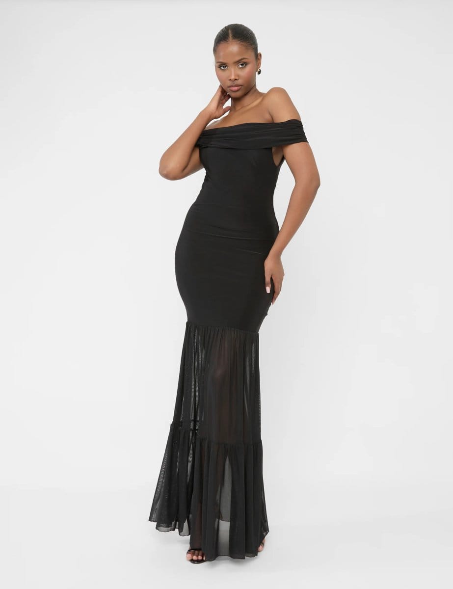Public Desire Slinky Bardot Fold Over Mesh Hem Maxi Dress Black - 4