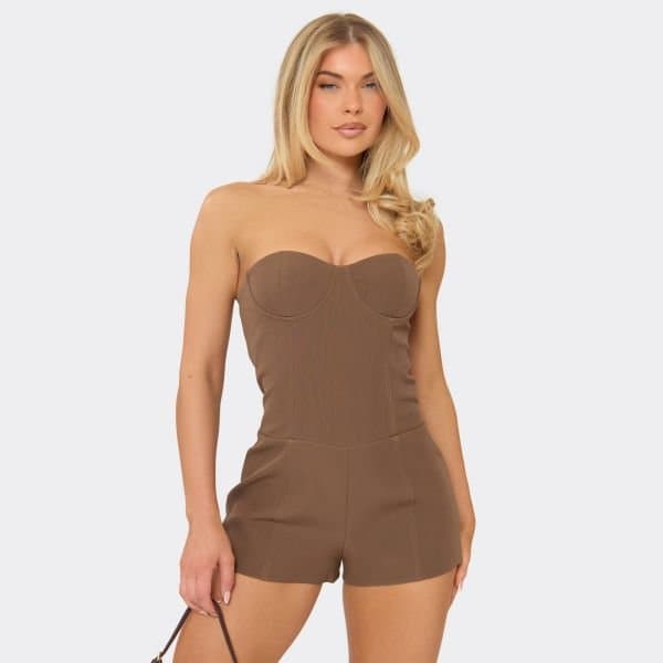 EGO Bandeau Underwired Detail Tailored Playsuit In Chocolate Brown, Women's Size UK 6