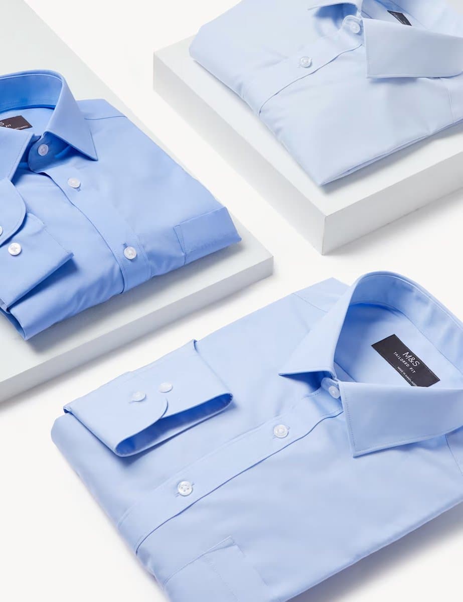 Marks & Spencer M&S 2 Inch Shorter Length 3 Pack Tailored Fit Shirts Blue Mix