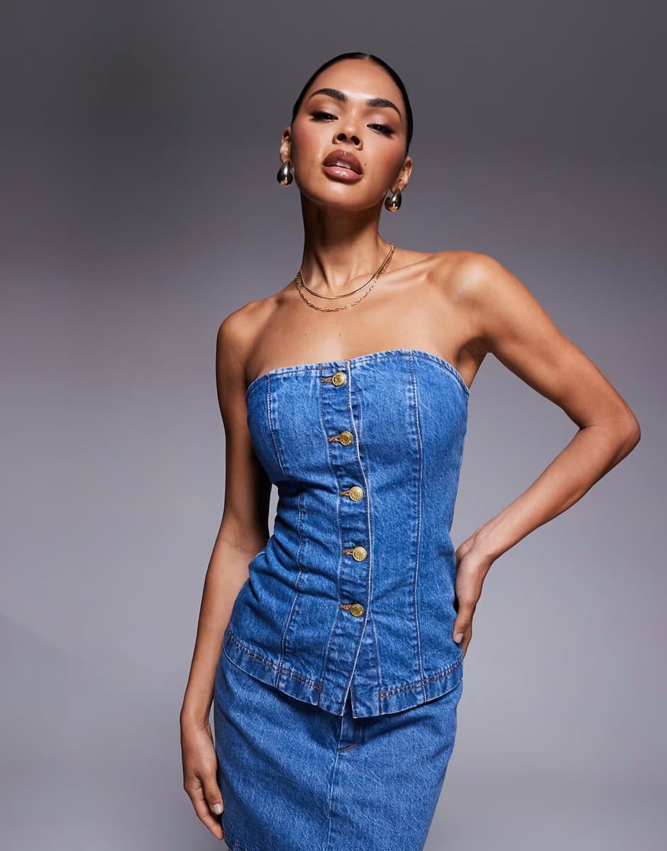 ASOS ASOS DESIGN longline denim bandeau waistcoat co-ord in blue