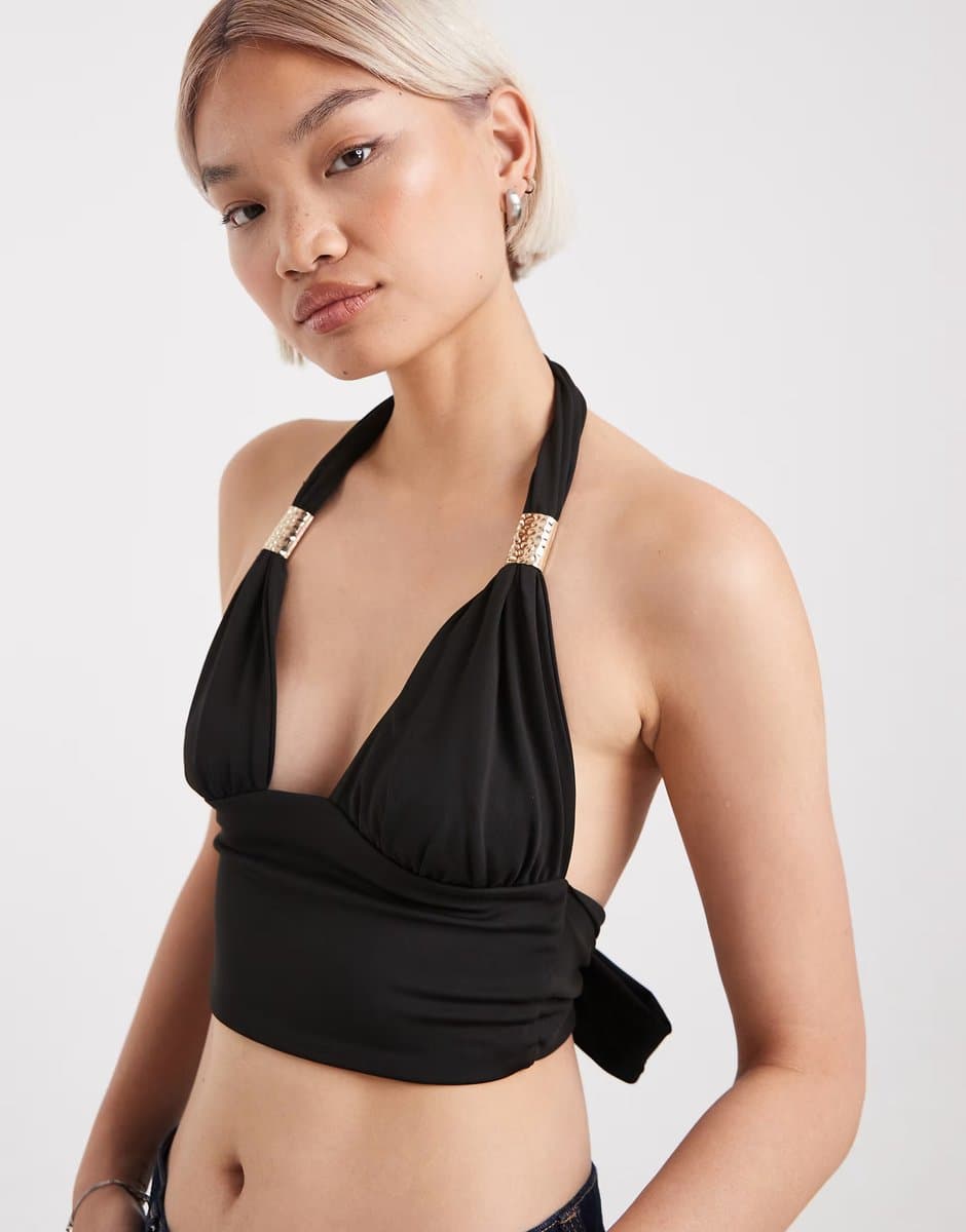 ASOS Edikted Aiva backless plunge neck halter top in black