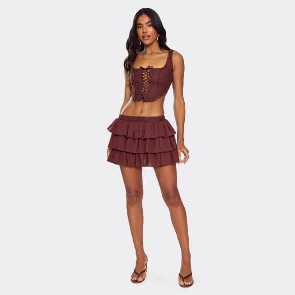 EGO Low Waist Lace Waistband Detail Pleated Mini Skirt In Chocolate Brown, Women's Size UK 6