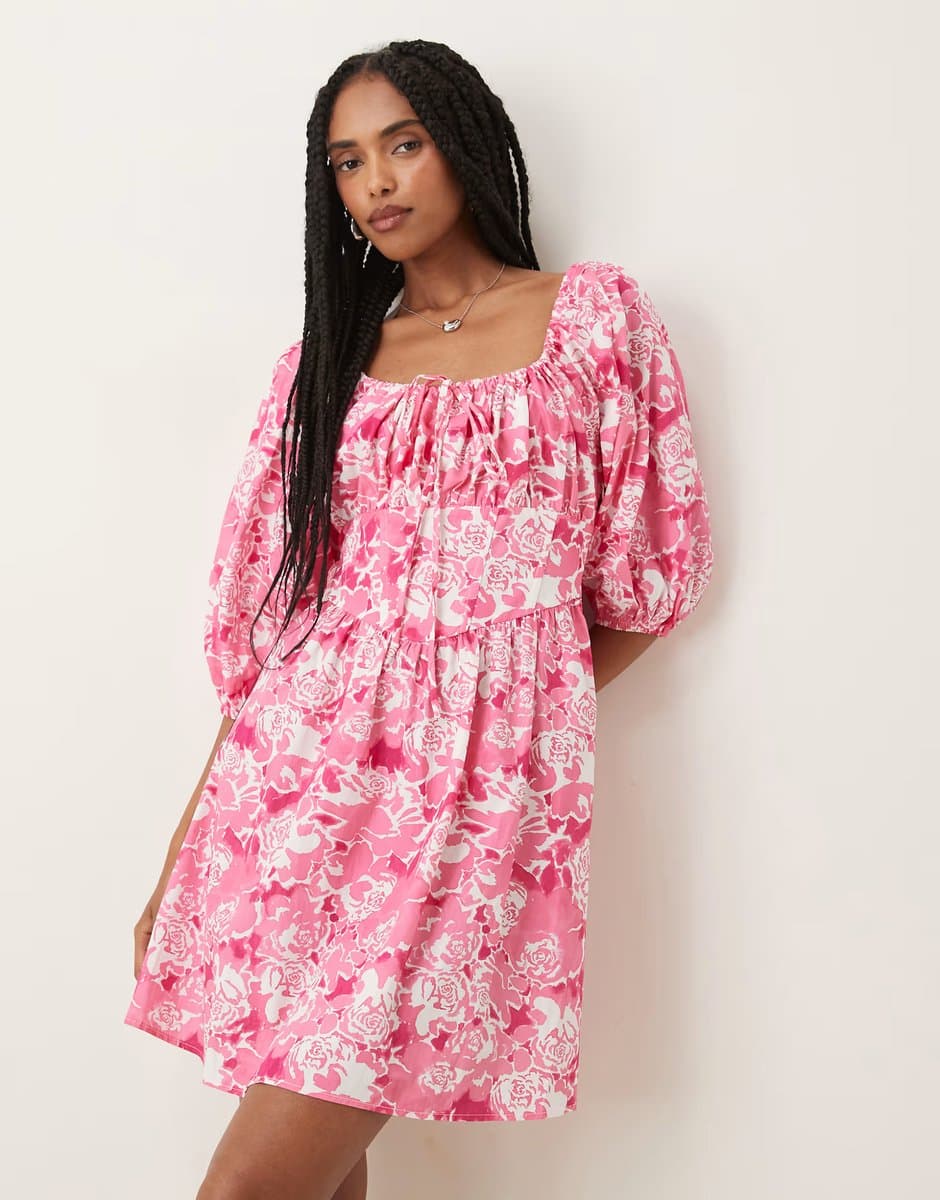 ASOS Collective The Label Puff sleeve mini dress in pink roses
