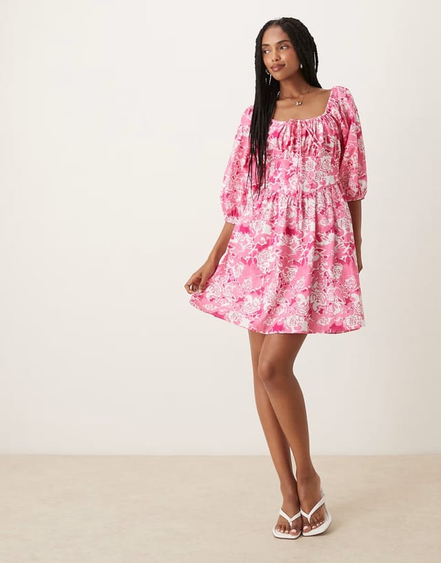 ASOS Collective The Label Puff sleeve mini dress in pink roses - 3