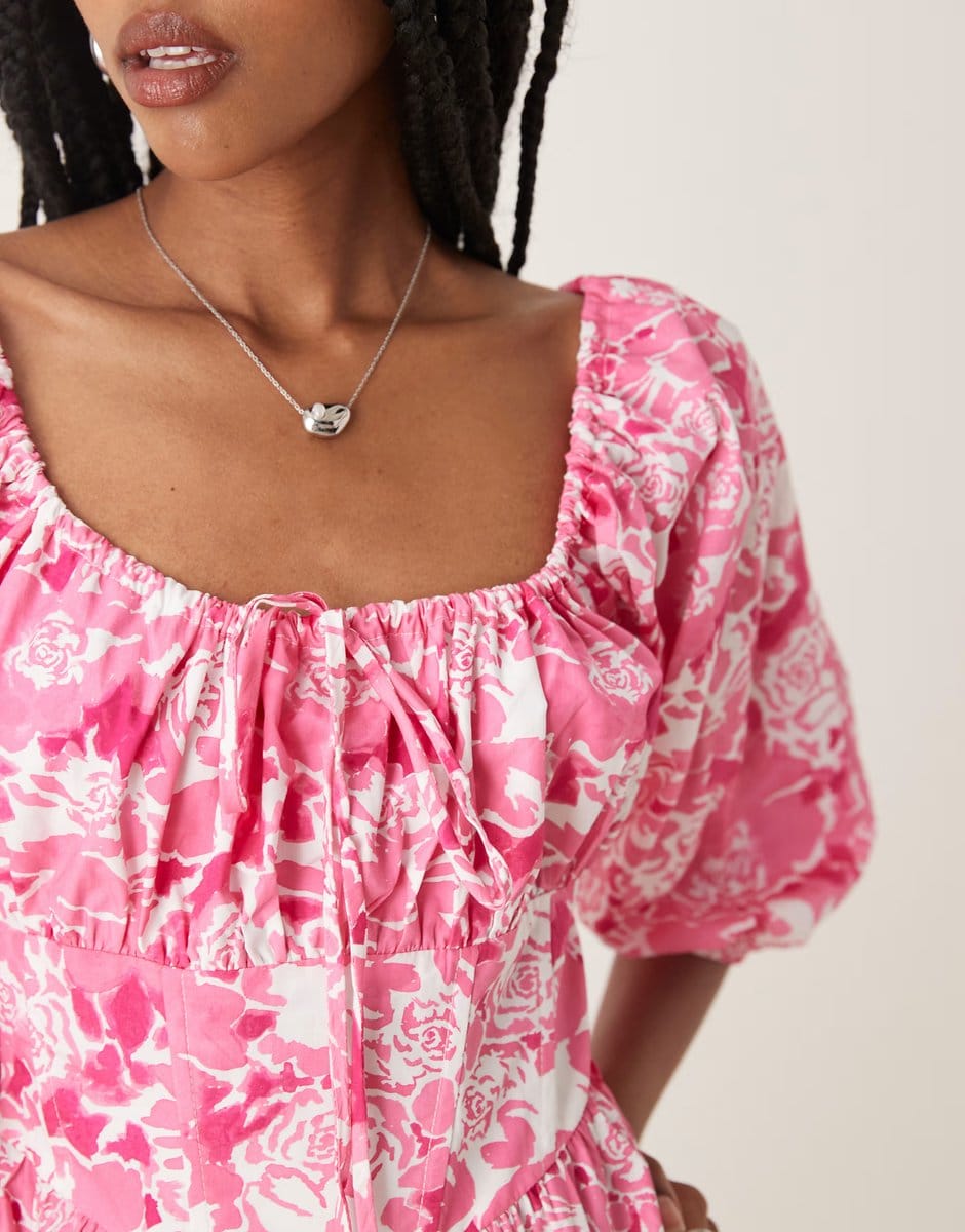 ASOS Collective The Label Puff sleeve mini dress in pink roses - 4