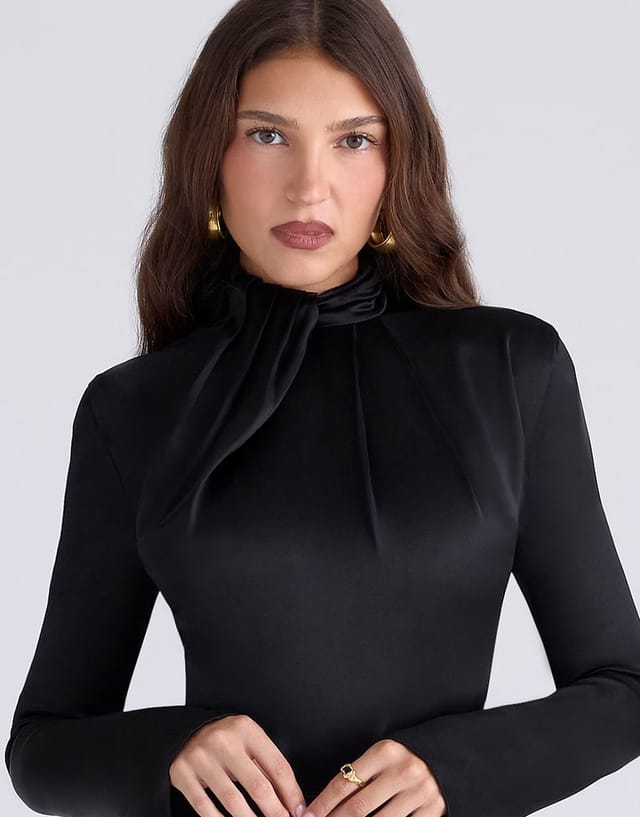 ASOS House of CB Neneh black satin high neck long sleeve bodysuit in black - 3