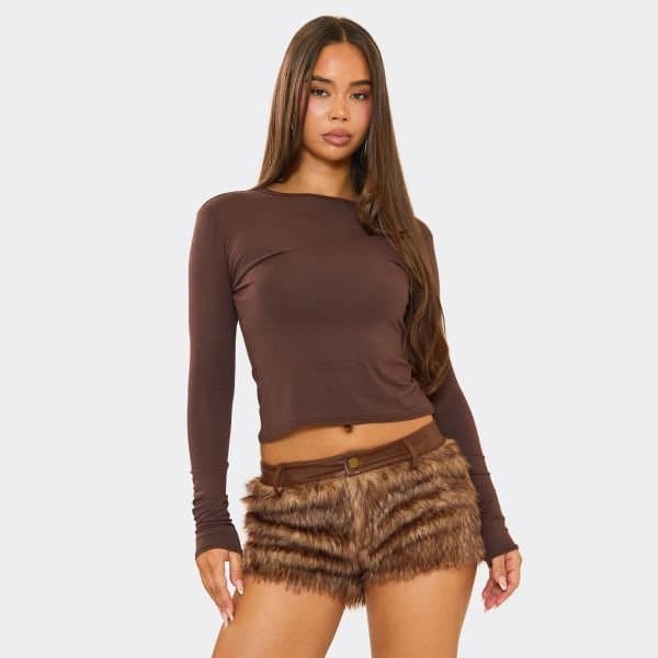 EGO Mid Rise Mini Shorts In Brown Faux Fur, Women's Size UK Large L