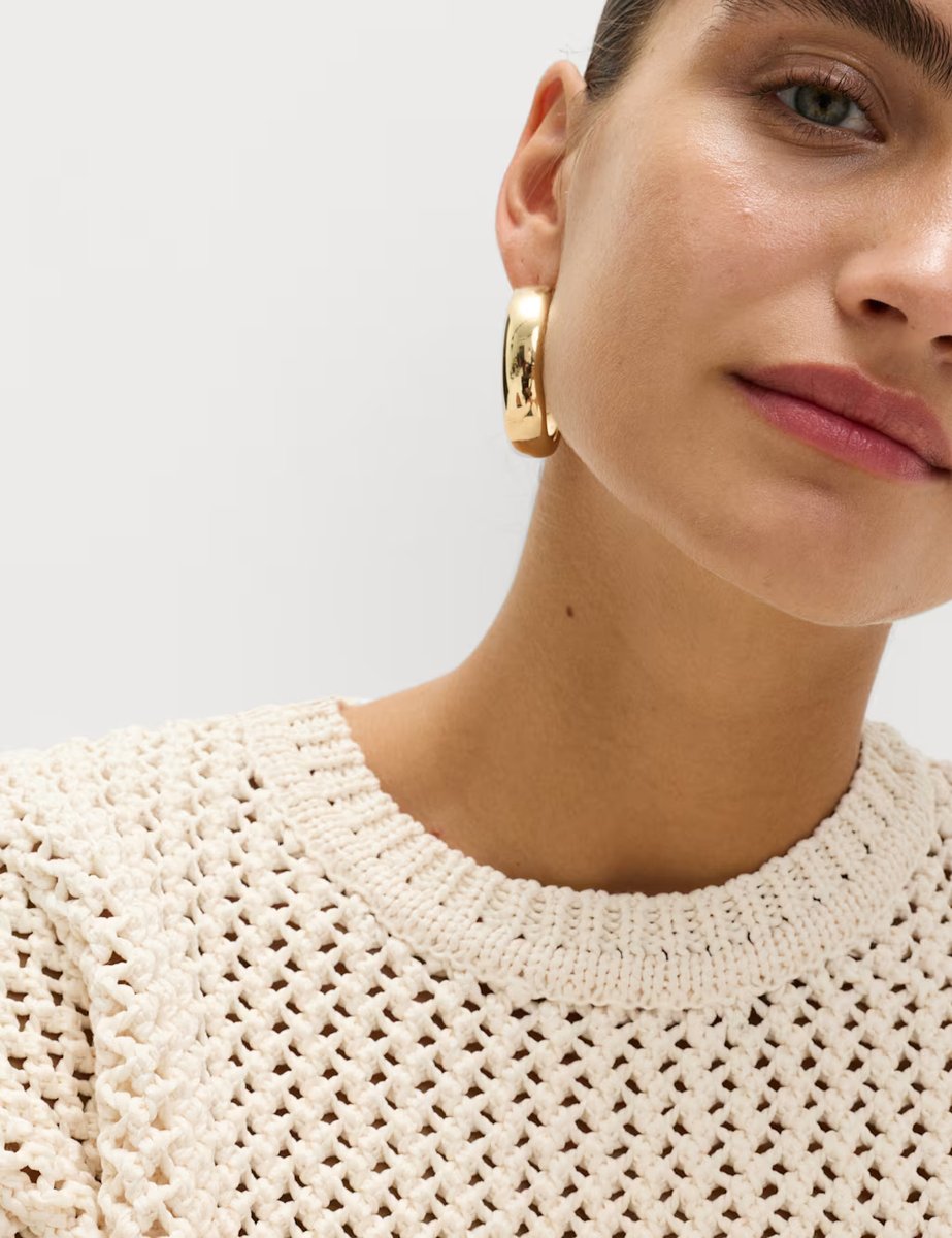 Marks & Spencer M&S Textured Crew Neck Cropped Jumper Vanilla - 3