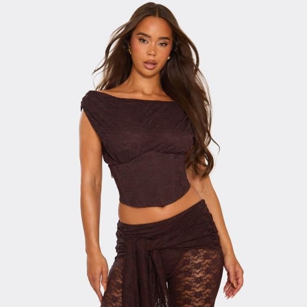 EGO Asymmetric Corset Detail Top In Chocolate Brown Lace, Women's Size UK 6