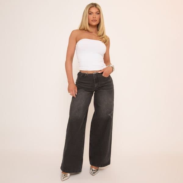 EGO EGO Low Rise Frayed Edge Wide Leg Jeans in Black