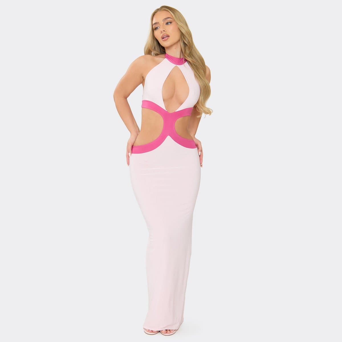 EGO High Neck Plunge Cut Out Detail Contrast Maxi Dress In Pink, Women's Size UK 6
