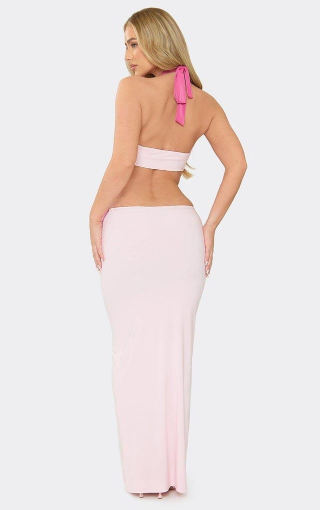 EGO High Neck Plunge Cut Out Detail Contrast Maxi Dress In Pink, Women's Size UK 6 - 2