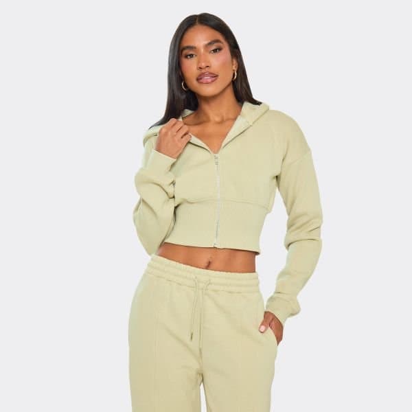 EGO Long Sleeve Cinched Waist Zip Up Hoodie In Sage Green, Women's Size UK 6