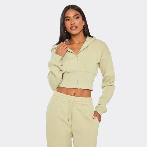 EGO Long Sleeve Cinched Waist Zip Up Hoodie In Sage Green, Women's Size UK 6 - 1