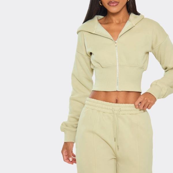 EGO Long Sleeve Cinched Waist Zip Up Hoodie In Sage Green, Women's Size UK 6 - 2