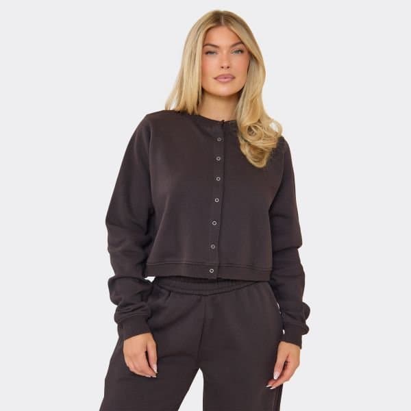 EGO Long Sleeve Popper Detail Sweatshirt In Chocolate Brown, Women's Size UK 6