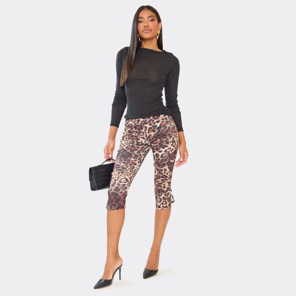 EGO Low Rise Capri Trousers In Brown Leopard Print, Women's Size UK 6 - 2
