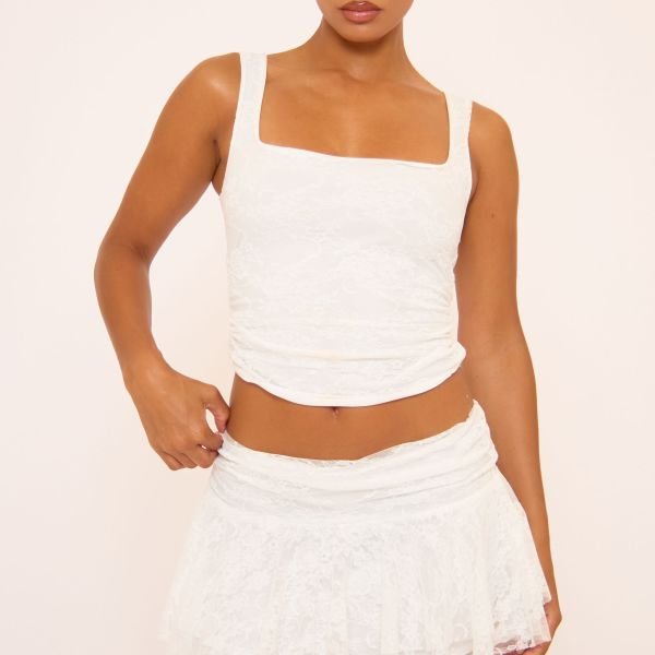 EGO Mid Rise Frilled Hem Mini Skirt In Cream Lace, Women's Size UK 10 - 2