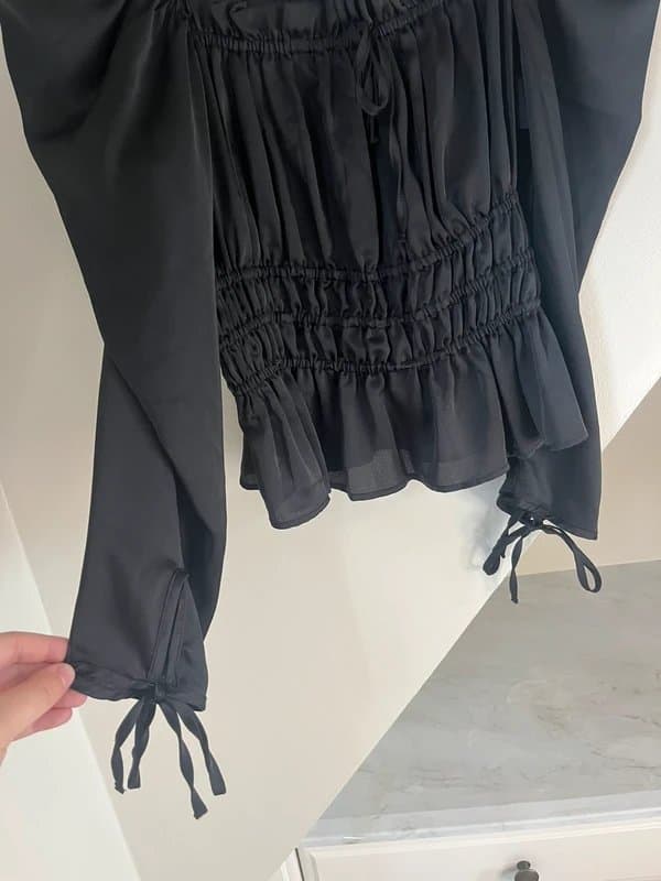 Topshop Topshop Black Ruched Silk Tie Long Sleeve Top Blouse Size 10