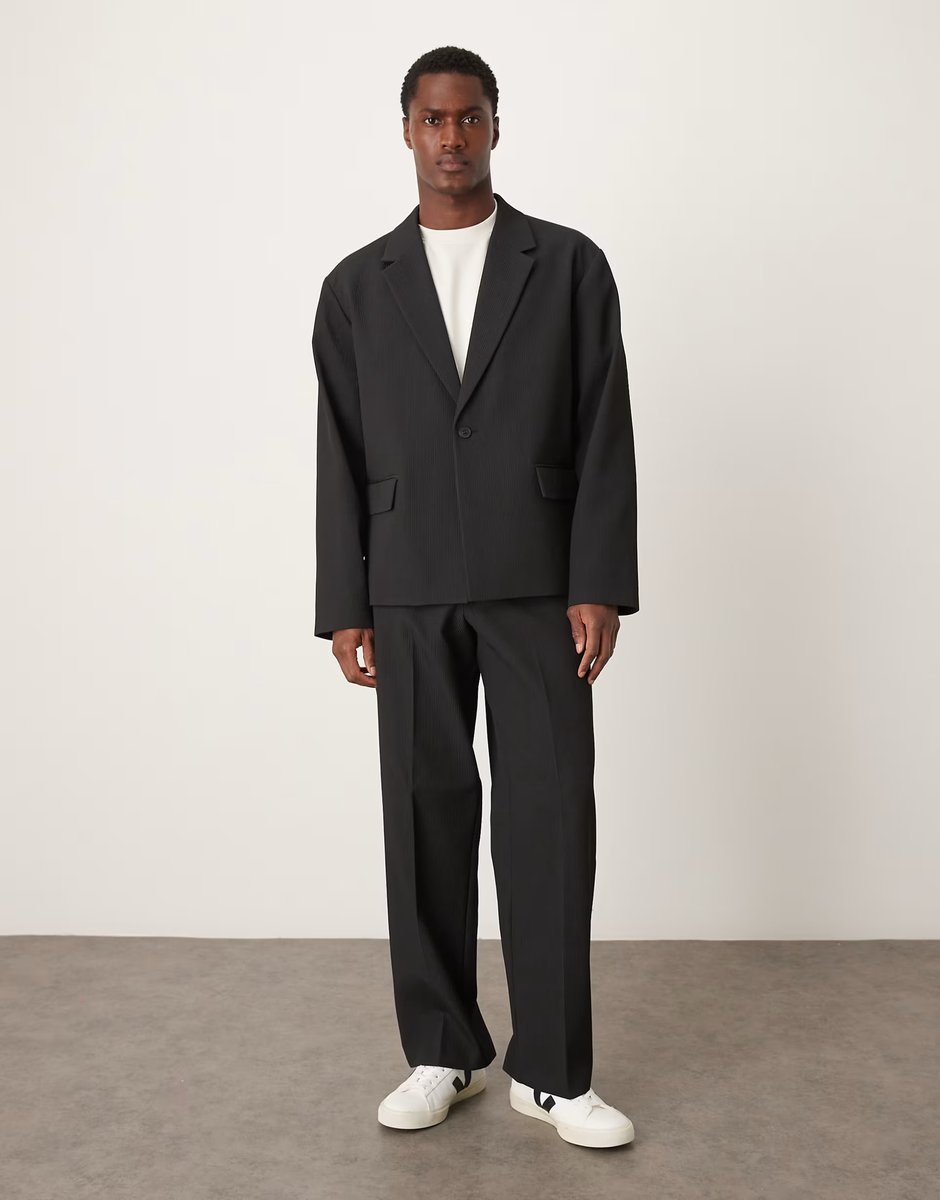 ASOS ASOS DESIGN rib fabric boxy suit jacket in black - 2