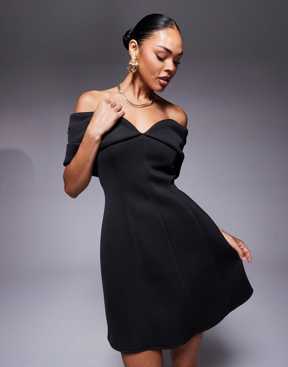 ASOS ASOS DESIGN  fold back detail bardot mini dress in black in scuba-style fabric - 3