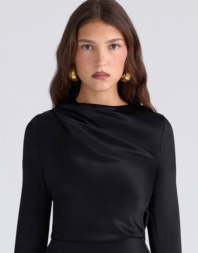 ASOS House of CB Mariska black satin long sleeve draped mini dress in black - 2