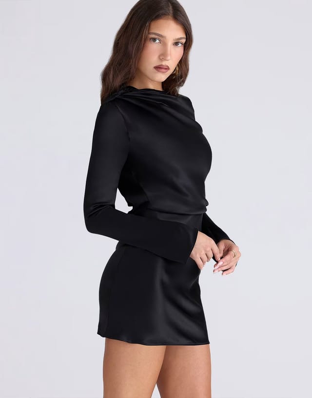 ASOS House of CB Mariska black satin long sleeve draped mini dress in black - 3