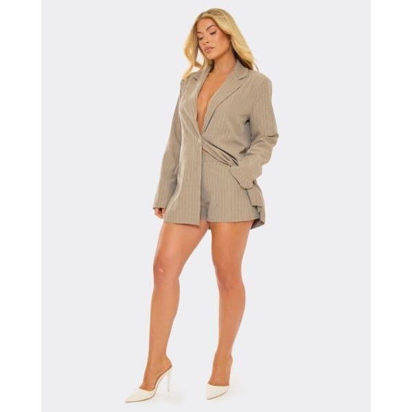 EGO Mid Rise Tailored Mini Shorts In Taupe Pinstripe, Women's Size UK Large L - 2