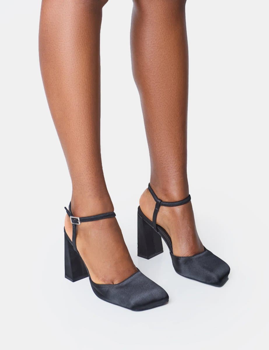 Public Desire Public Desire UK Black Satin Slant Toe Block Heels