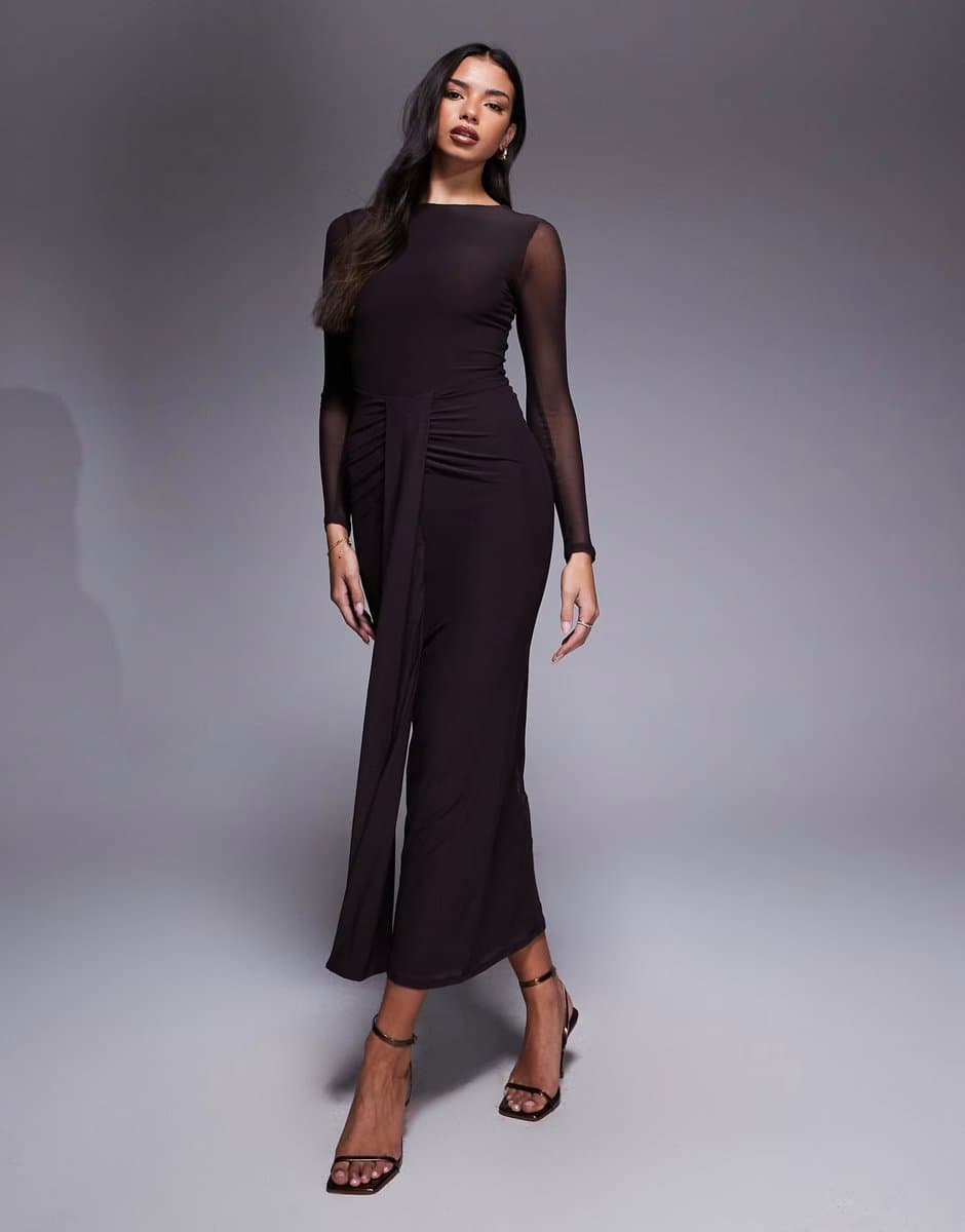 ASOS ASOS DESIGN mesh long sleeve slash neck open back maxi dress with sash in chocolate
