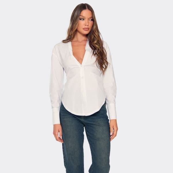 EGO Long Sleeve Tie Back Cut Out Detail Shirt In White, Women's Size UK 6