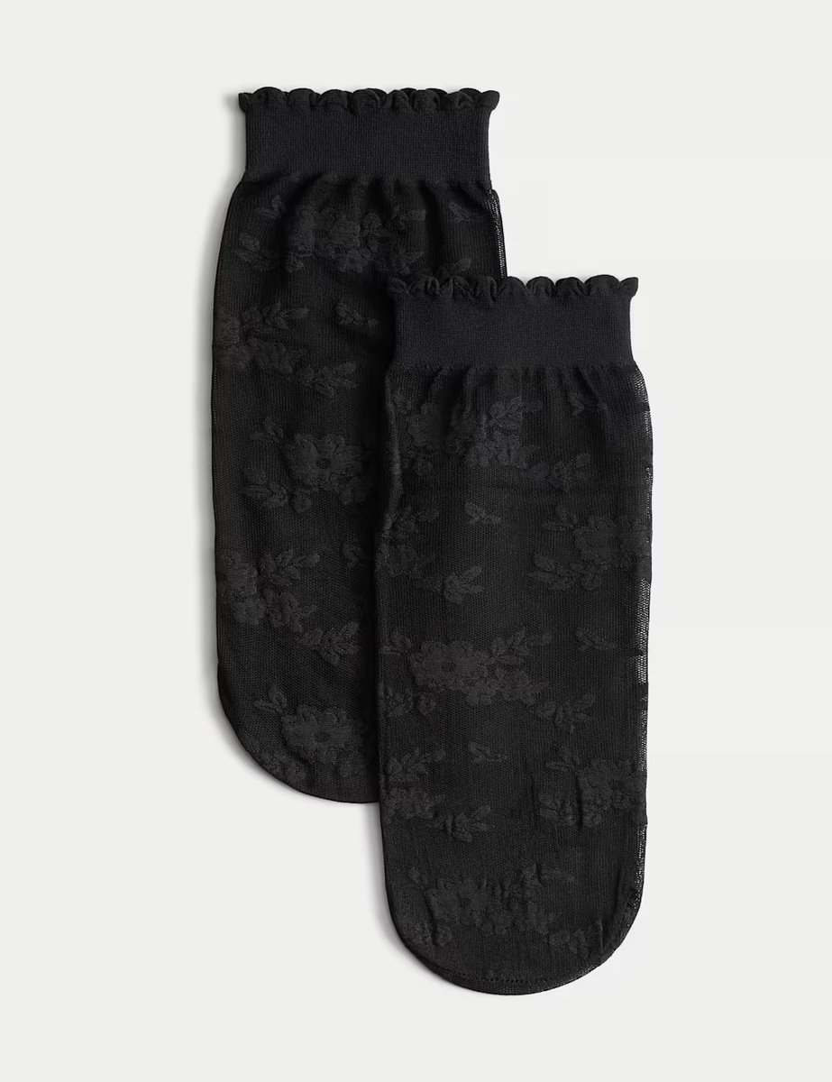 Marks & Spencer M&S Floral Lace Ankle High Socks Black - 2