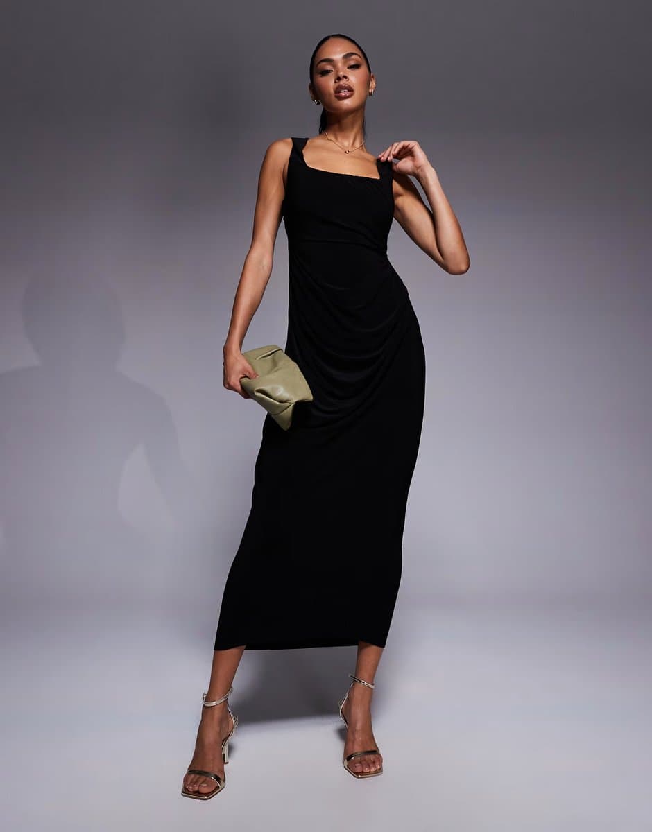 ASOS ASOS DESIGN shaped neckline wide strap with draped skirt midi dress in black