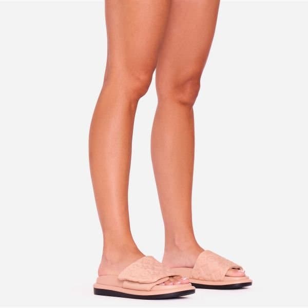 EGO It's-A-Vibe Embossed Velcro Strap Flat Slider Sandal In Dark Nude Lycra, Women's Size UK 3