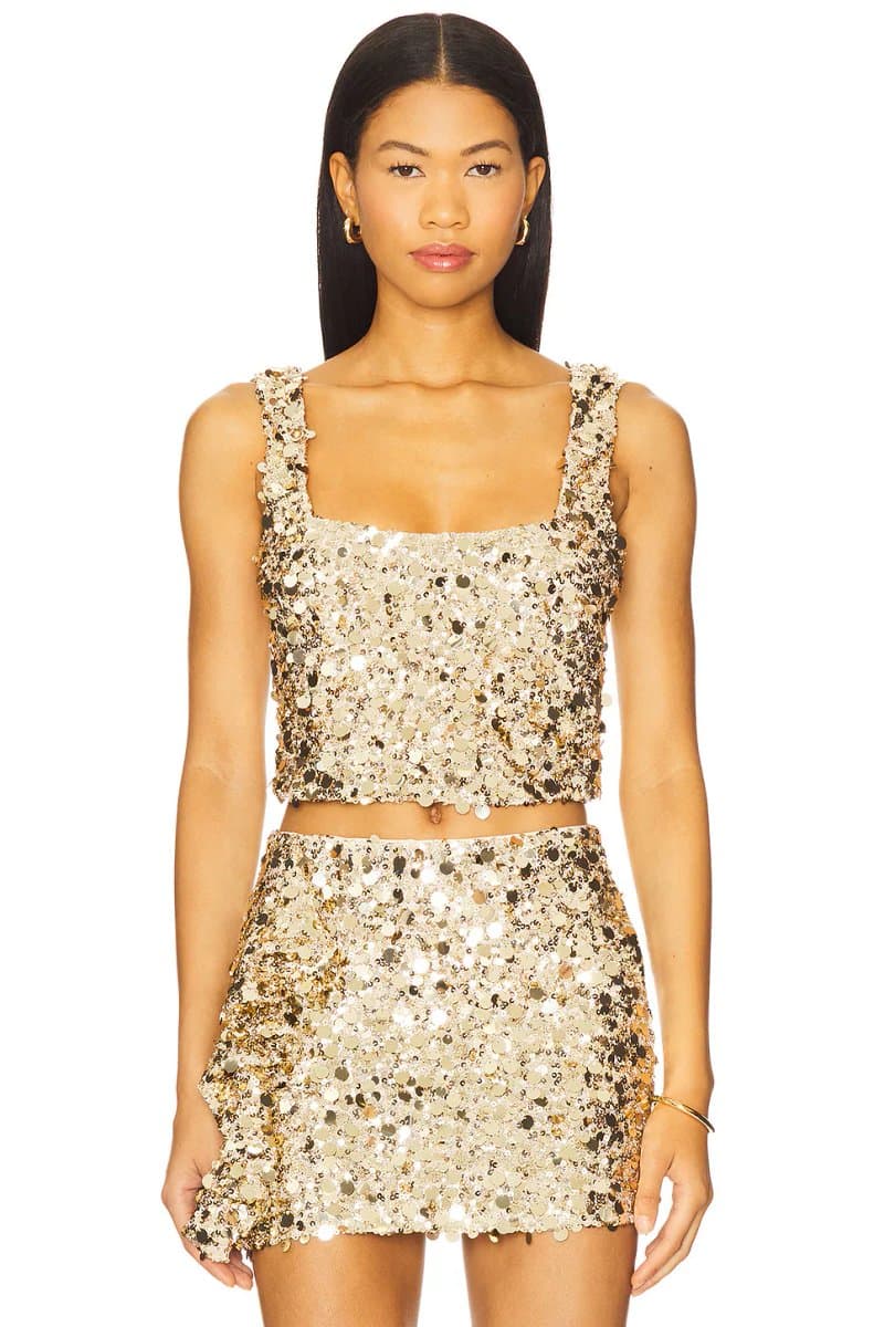revolve Revolve Embellished Gold Metallic Crop Top with Sequins